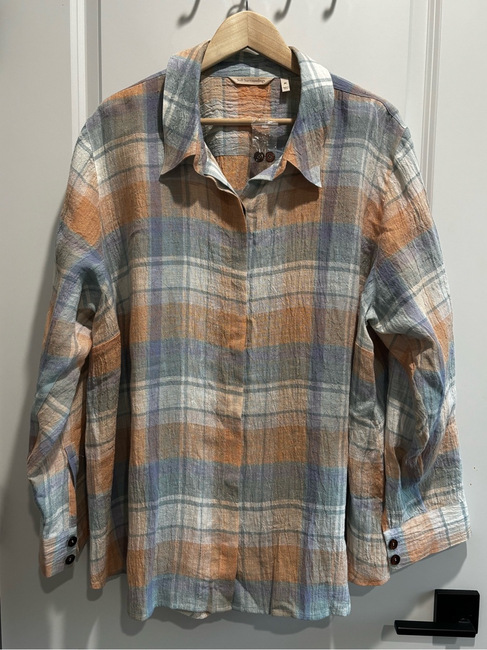 Soft Surroundings Linen Plaid Button-Down Shirt in Orange and Blue